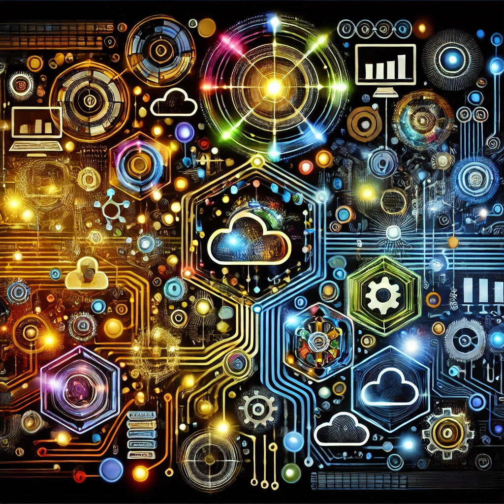 DALL·E 2025-01-08 17.30.23 - A visually striking illustration symbolizing digitalization projects, featuring vibrant colors instead of a black and gold scheme. The image includes